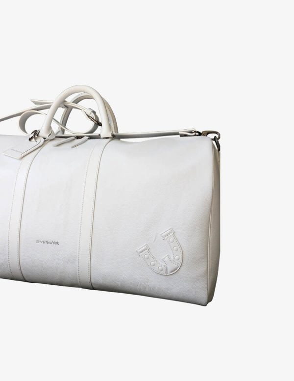 Weekender White Travel Bag With Horseshoe Charm in Front