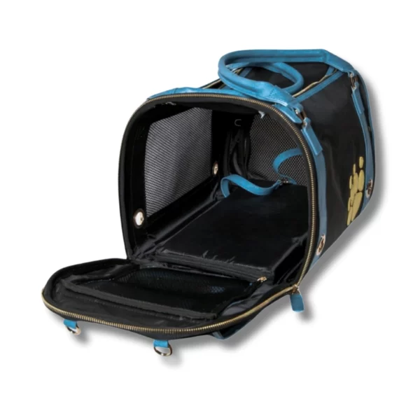 airline approved pet carrier black & blue inside with removable easy to clean bottom pad